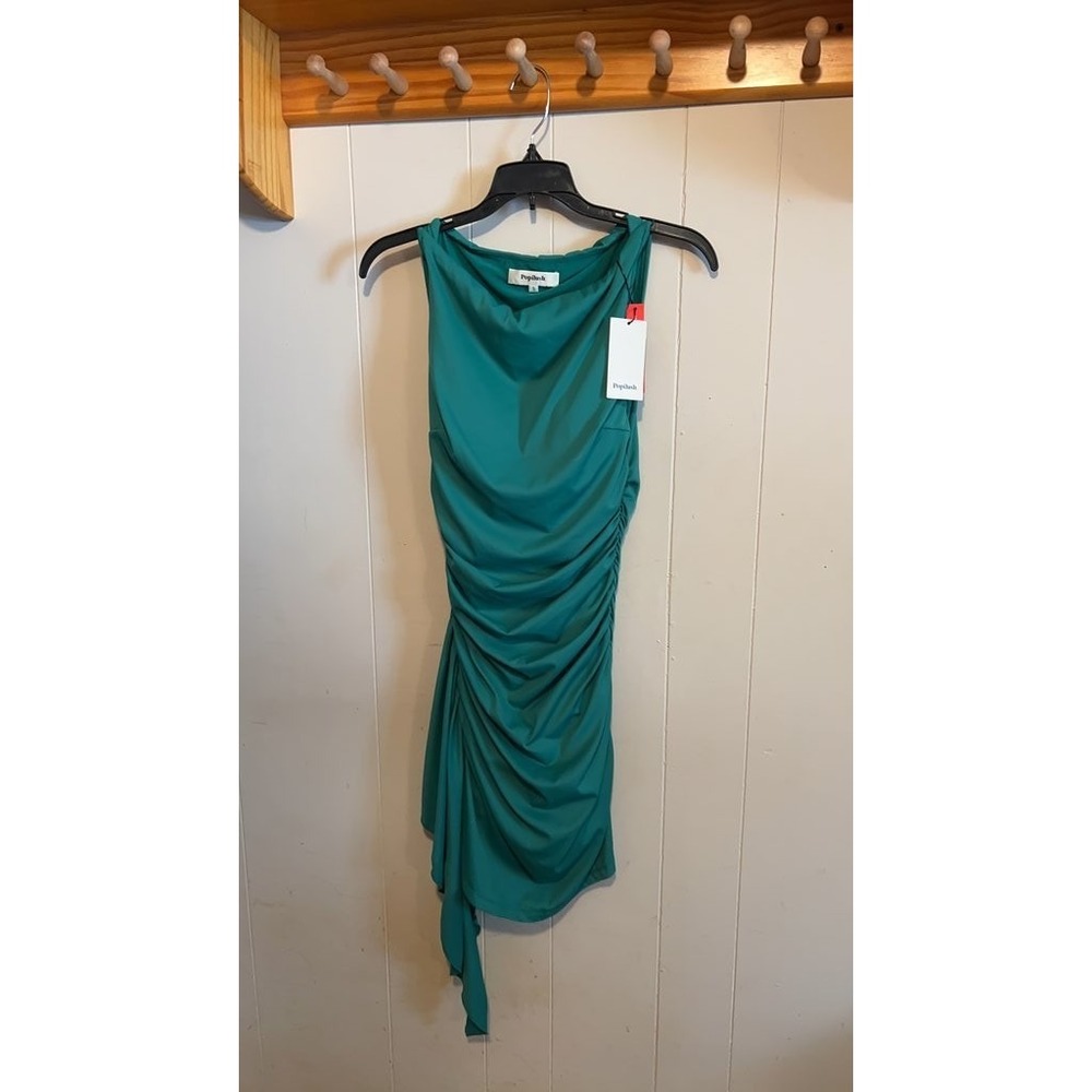 Popilush Teal Ruched Sleeveless Dress